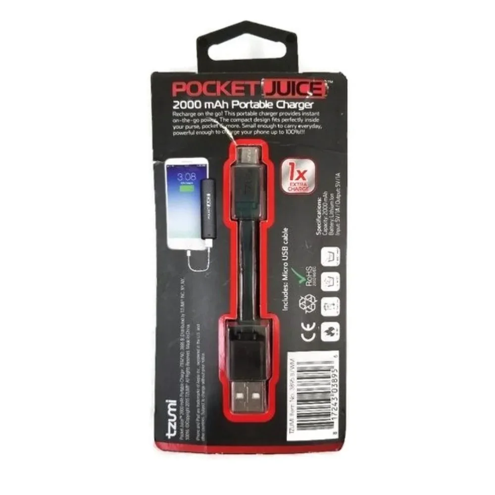 Tzumi Pocket Juice 2000mah Portable Battery Charger W/included USB Cable NIP